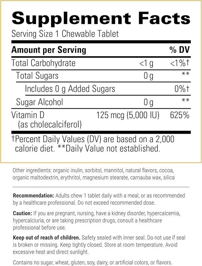 Integrative Therapeutics Vitamin D3 125 mcg - 5,000 IU – Immune Support Supplement* - Healthy Bone Support* - Gluten Free - 90 Chocolate Flavored Chewables