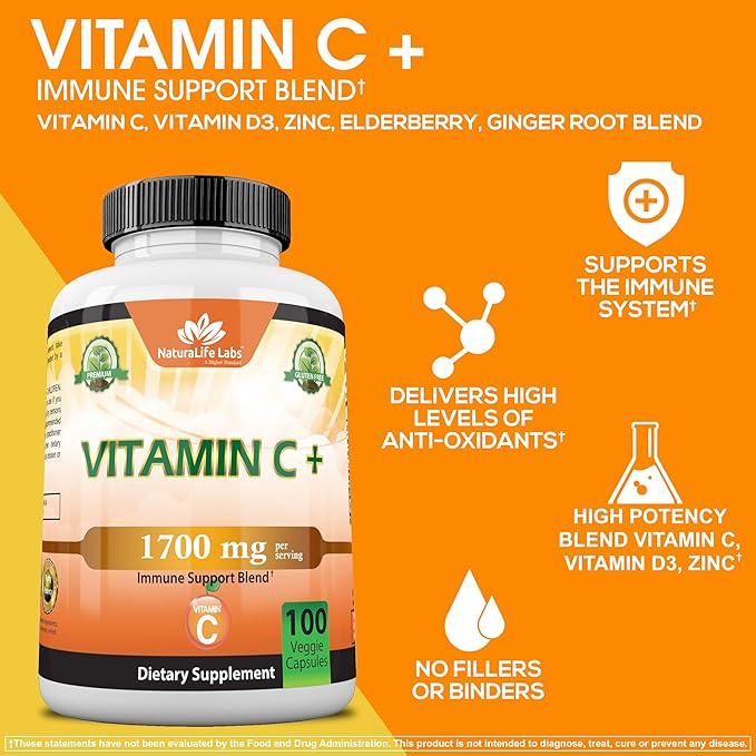 NaturaLife Labs A Higher Standard Vitamin C 1,700 MG with Vitamin D3, Zinc, Elderberry, Ginger Root - Maximum Strength Multi System Immune Support- 100 Veggie Capsules