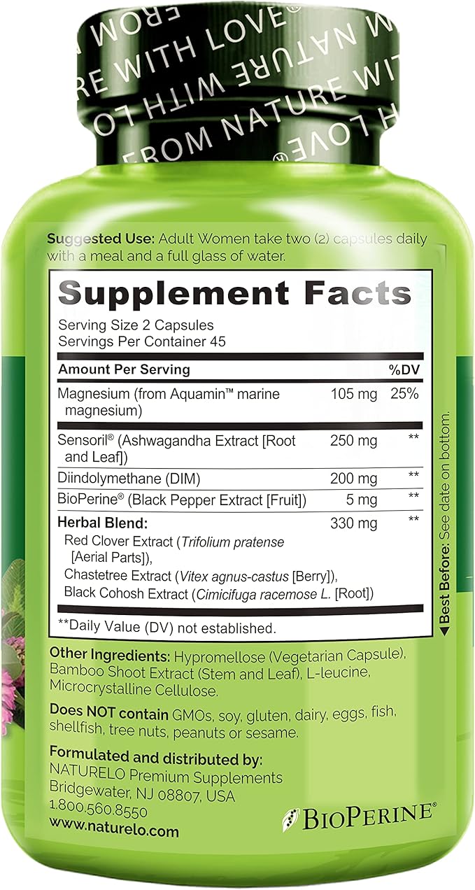 NATURELO Menopause Supplements for Women, Herbal Blend with Black Cohosh for Menopause Hot Flashes Advanced Estrogen Multi-Symptom Formula 90 Capsules