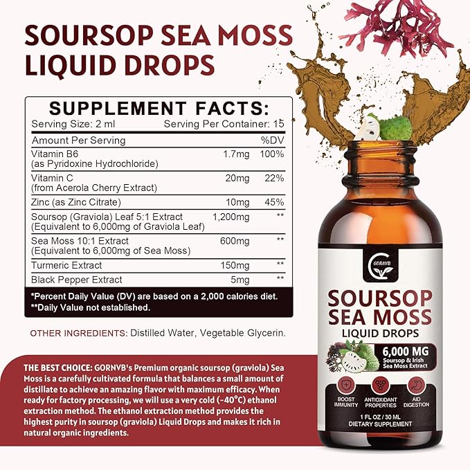 (2 Pack) Soursop Graviola Liquid Drop, Soursop Multivitamin Liquid with Sea Moss & Turmeric, 98% Absorption Soursop Bitters Liquid for Cell Support & Regeneration, Immune Boost and Liver, 1 Fl Oz