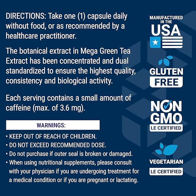 Life Extension Decaffeinated Mega Green Tea Extract – Polyphenol-Rich, Cell Health, Heart Health, Brain Health, Antioxidant Protection – Non-GMO, Gluten-Free, Vegetarian – 100 Capsules