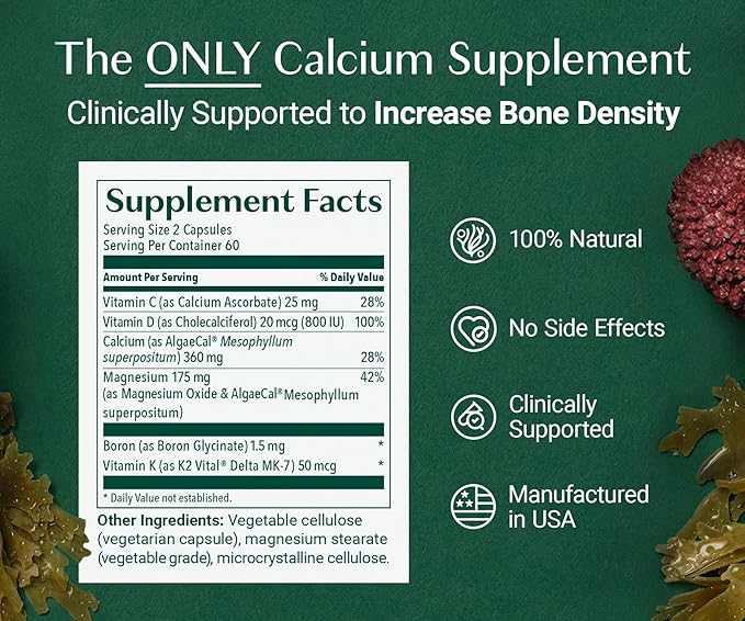ALGAECAL Plus - Organic Red Algae Calcium Supplement for Women, Vitamin K2 (100mg), Vitamin D3 (1600 IU), Magnesium (350mg) & Trace Minerals, for Improved Bone Strength, Easy to Swallow, 120 Veg Caps