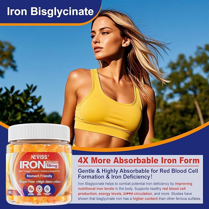 Vegan Iron Gummies Supplement with Vitamin C, B12, Folate & Turmeric - Energy & Immune Health | Gummy Iron Bisglycinate 18mg Gentle & Non-Constipating for Iron Deficiency, Anemia Women Men, 2 Pack