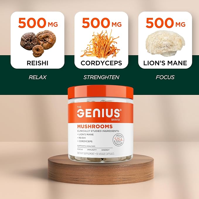 Genius Mushroom Supplement - Full-Spectrum Lion’s Mane, Cordyceps, Reishi -Daily Brain Nootropic for Energy, Focus, Memory & Overall Wellness - 180 Capsules – Organic for Mental Clarity & Performance