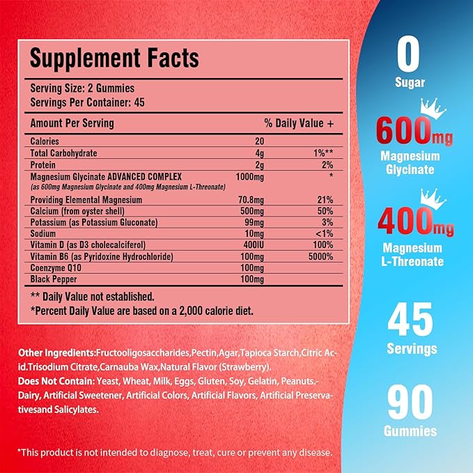 Magnesium Glycinate Gummies for Adults & Kids, 1000mg High Absorption Magnesium Complex Supplement, Sugar Free with Potassium,Vitamins for Calm, Sleep Supprt, Stress Relief, 90 Counts