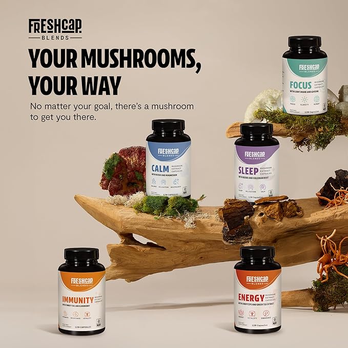 FreshCap 5-in-1 Sleep Supplement, Magnesium for Sleep, Magnesium Supplement, Calm, 7000mg Reishi Mushroom Extract, Valerian Root Capsules, Valerian Root Extract, Ayurveda (120 Capsules)