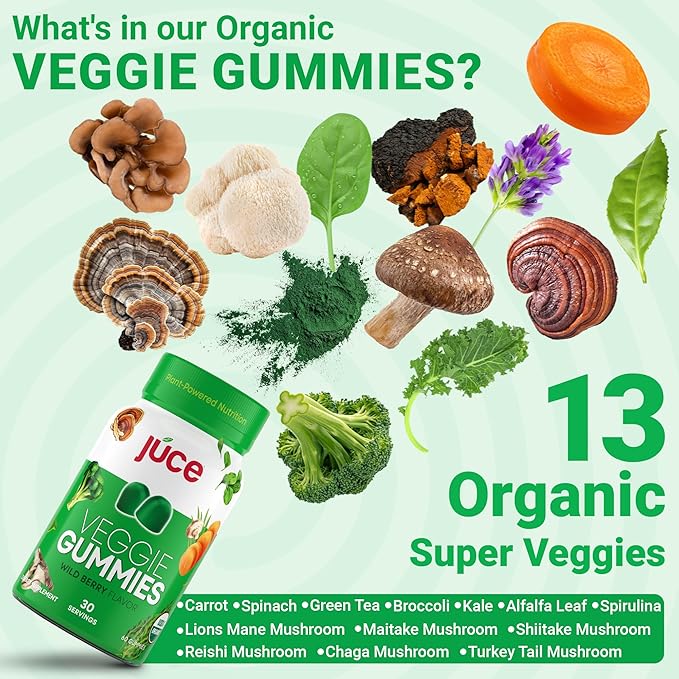Júce Veggie Whole Superfood Gummies, Wild Berry Flavor - Plant-Based Energy, Vegan, Non-GMO, Soy Free, Nutrient-Packed, By Terra Kai Organics