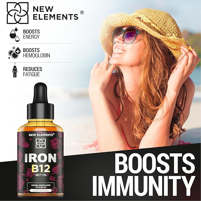 Liquid Iron Supplement for Women & Men with Vitamin B12 5000mcg - Free Blood Builder for Anemia - Liquid Vitamin B12 Drops for Adults with MCT Oil, Natural Grape Flavor, 2 Fl Oz