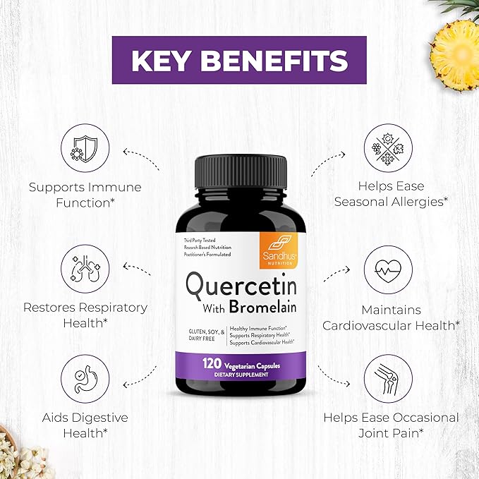 Sandhu's Quercetin with Bromelain 1000mg Per Serving 120 Count Vegetarian Capsules Bioflavonoids Supplement Complex Supports Immune, Cardiovascular & Respiratory Health