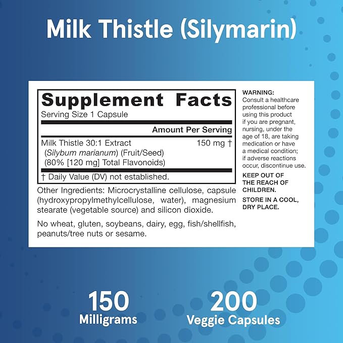 Jarrow Formulas Milk Thistle 150 mg With 30:1 Standardized Silymarin Extract, Dietary Supplement for Liver Function Support, 200 Veggie Capsules, 66-200 Day Supply