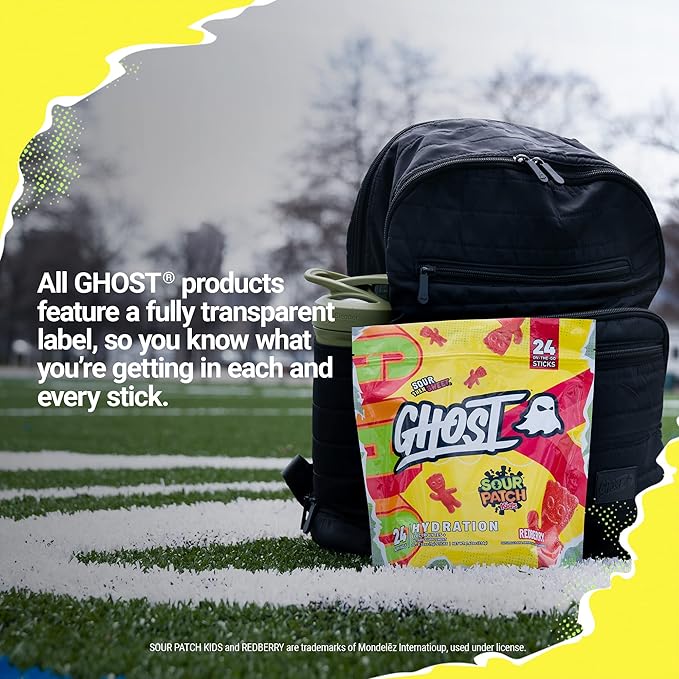 GHOST Hydration Packets, Sour Patch Kids Redberry, 24 Sticks, Electrolyte Powder - Drink Mix Supplement with Magnesium, Potassium, Calcium, Vitamin C - Vegan, Free of Soy, Sugar & Gluten