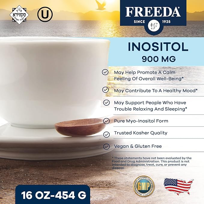 FREEDA Pure Inositol Powder – Myo-Inositol for Mood & Hormone Balance, Kosher, Vegan, Gluten-Free, No Additives, Easy-to-Mix (16 oz, 500 Servings) – Supports PCOS & Fertility