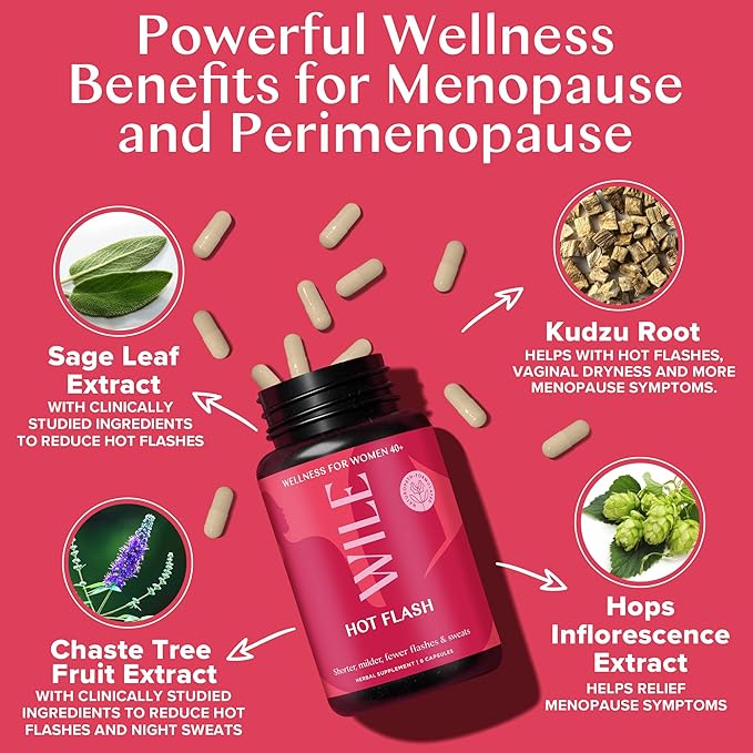 WILE Menopause and Perimenopause Supplements for Women - Hot Flashes and Night Sweats Relief with Kudzu Root - Premenopause Support for Stress, Hot Flash, Hormone Balance & Restful Sleep, 30 Servings