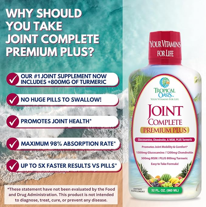 Joint Complete Premium Plus - Liquid Joint Supplement w/Glucosamine, Chondroitin, MSM Plus 800mg Turmeric – 98% Max Absorption – 32oz, 32 serv