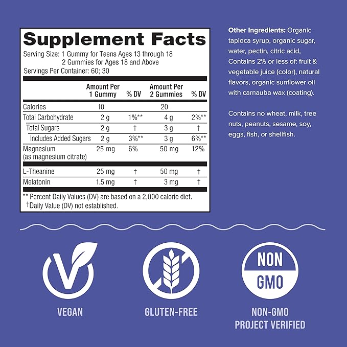 Natural Vitality CALM Sleep Gummies Magnesium Supplement, Melatonin & Magnesium Citrate, Sleep Aid Gummies, L-Theanine, Gluten Free, Helps the Body Ease into Sleep, Blueberry Pomegranate 60 Count