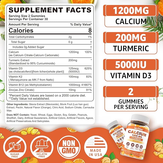 Calcium Gummies with Turmeric for Women & Men - Calcium 1200mg with Vitamin D3 K2 B12 5000 IU & Zinc, Suger-Free Calcium Supplements for Bone, Muscle & Immune Support - Vegan(120 Count)