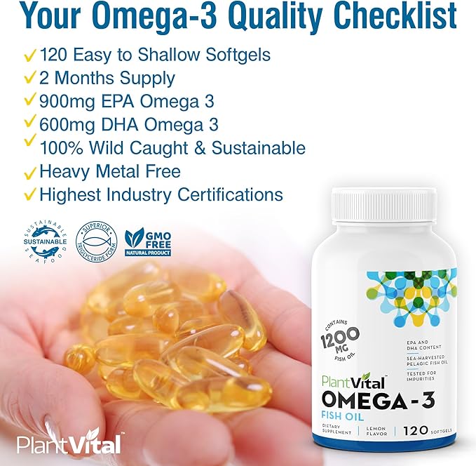 Plantvital Omega 3 Capsules- Pure Norwegian Omega 3 Fish Oil Supplements - Triple Strength- No Fish Flavor- Molecularly Distilled- Cognitive, Joint, Eye, Hair and Heart Health support-120 Capsules
