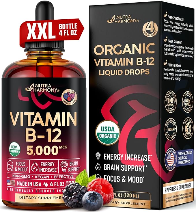 USDA Organic Vitamin B12 Sublingual Drops - 5000 mcg Liquid Vegan Methylcobalamin - Energy Boost, Focus & Mood, Metabolism & Brain Health Support - Maximize Absorption - 4 Month Supply, 4 fl oz