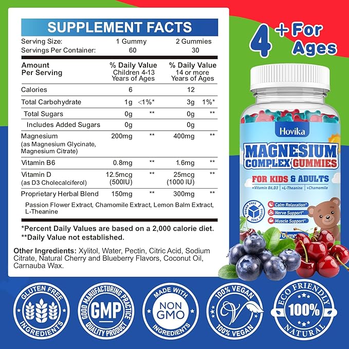 Kids Magnesium Gummies - Magnesium Glycinate Citrate Chewable Supplement with Vitamin B6, D3, Passion Flower, L-theanine - Sugar Free Calm Magnesium for Kids & Adults Sleep, Mood, Relaxation, 60 Chews