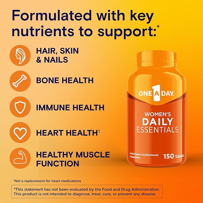 One A Day Multivitamin for Women Daily Essentials, Vitamins for Women to Support Hair, Skin & Nails, Immune Health, Multivitamin for Women with Zinc, Folic Acid & B Vitamins, 150 Count