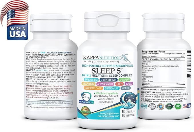 KAPPA NUTRITION Sleep 5, Sleep Aid, 5mg of Melatonin, 60-Day Supply, Non-Habit Forming Vegan Capsules Natural Ingredients for Easier Bedtime, Herbal Supplement, Valerian Root, Chamomile Non-GMO