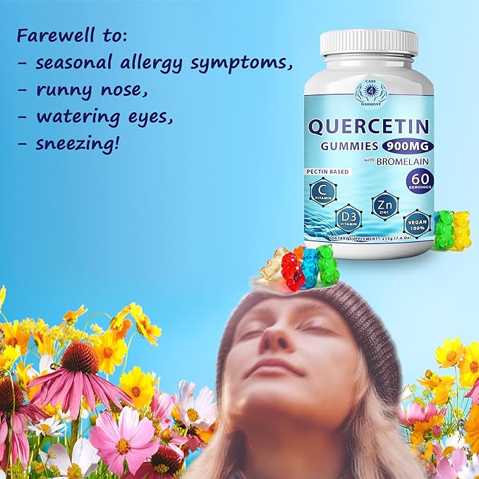 Quercetin Gummies - Quercetin with Bromelain Vitamin C + Zinc Vitamin D3 β Chewable Quercetin 900mg Supplements - Quercetin for Kids and Adults (1)