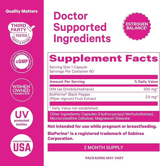 Pink Stork DIM Supplement for Women - Estrogen and Hormone Balance for Menopause, Perimenopause & PMS - DIM 200 mg Plus BioPerine for Mood Support - 60 Day Supply