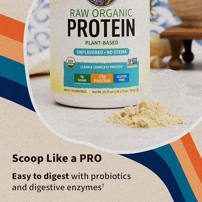 Organic Vegan Unflavored Protein Powder, Garden of Life 22g Plant Based Protein & BCAAs, Organic Protein Powder with Probiotics & Enzymes, Non-GMO, Gluten-Free Lactose Free 1.2 LB