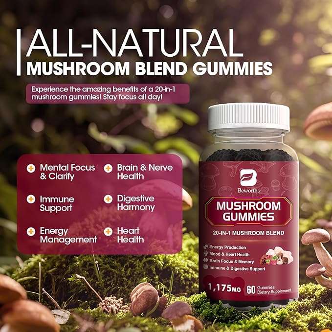 Super Mushroom Complex Gummies, 20-IN-1 Lion's Mane Supplement Gummies - Mushroom Supplement with Cordyceps, Reishi etc, Support for Brain Health, Focus & Clarity, Non-GMO,Raspberry Flavor,60 Gummies