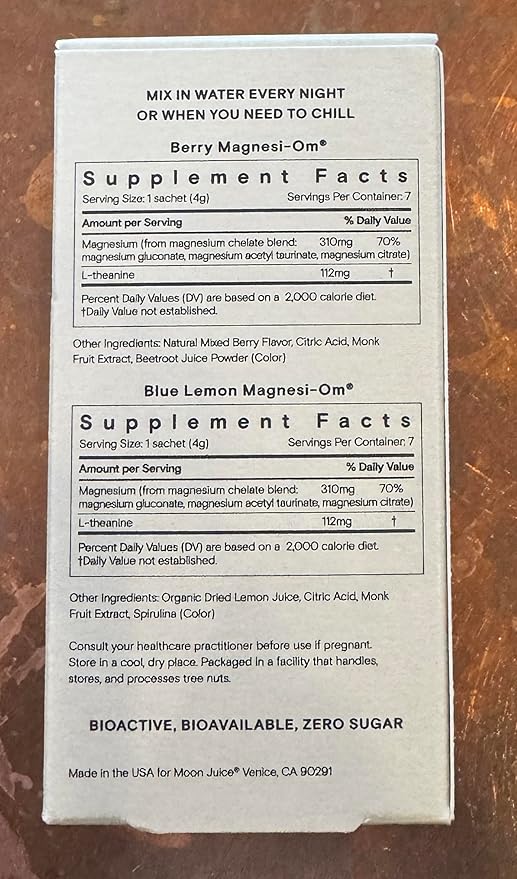 Moon Juice - Magnesi-Om, Berry & Blue Lemon - Sticks (14 Servings) - Support Brain Health, Rest - Magnesium Powder - L-Theanine - Regularity - 100% Traceable - Vegan, Non GMO - 0.14oz