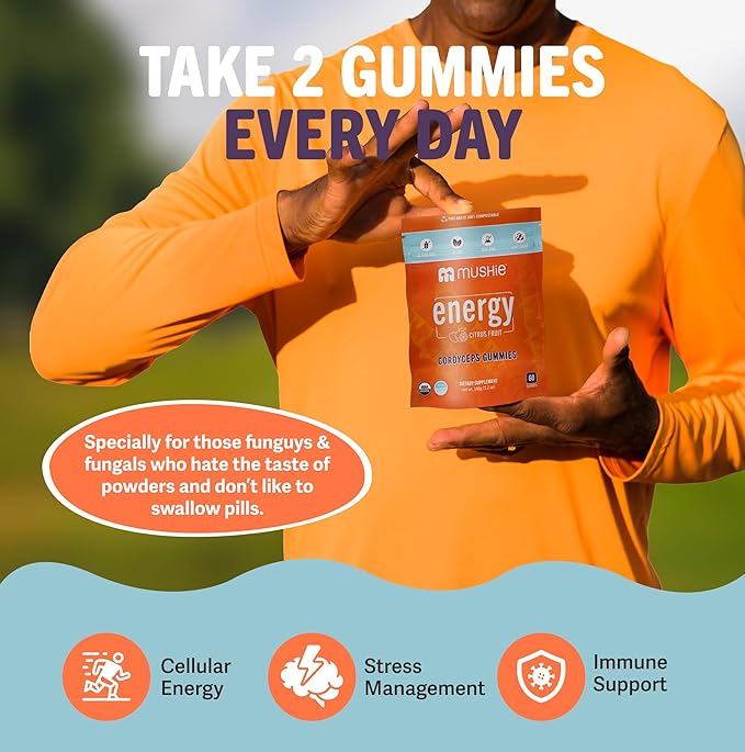 Mushie 100% Organic Cordyceps Mushroom Gummies - 2000mg Cordyceps Militaris Nootropic for Energy & Immune Support with Vitamin D - Vegan, Gluten-Free - 60 Count