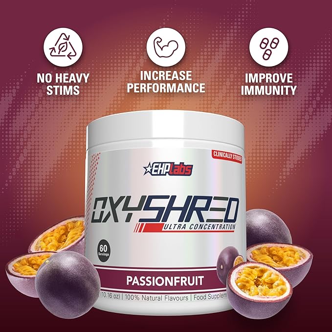 EHP Labs OxyShred Pre Workout Powder & Shredding Supplement - Preworkout Powder with L Glutamine & Acetyl L Carnitine, Energy Boost Drink - Passionfruit, 60 Servings