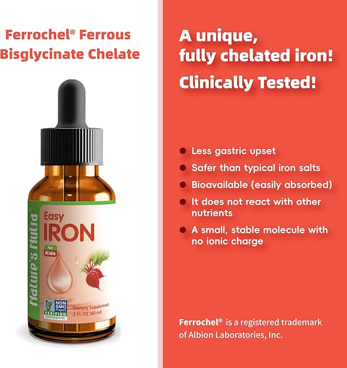 Nature's Nutra Easy Iron, Premium Liquid Iron for Baby, Infant, Kids and Children, Ferrochel, Anemia, Hemoglobin, Non-GMO, Kosher, 2 Fl. Oz (60ml)