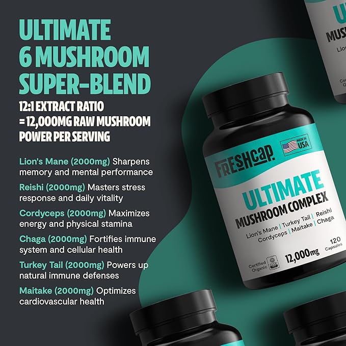 FreshCap Ultimate Mushroom Supplement 12,000mg - Mushroom Complex Capsules, Organic Mushrooms Supplement, Nootropic Brain Supplements for Memory and Focus Ayurveda (120 Capsules)
