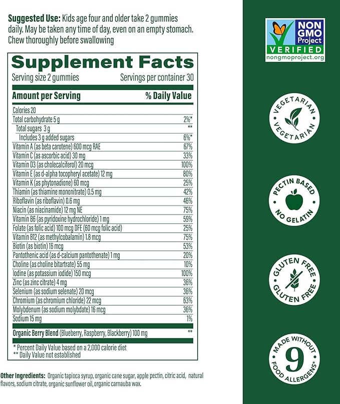 MegaFood Kids Multivitamin Gummies - Kids Vitamins - Age 4+ with Vitamin C, Vitamin D, Zinc, Choline, and Real Fruit - Brain & Immune Support - Berrylicious Flavor - 60 Gummies (30 Servings)