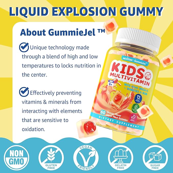 Kids Multivitamin Liquid Filled Gummies, Kids Vitamins for Ages 4+ with Probiotic, Omega 3, Iron, Support Immune & Brain Health, Digestive Health, Non GMO, Gluten Free, Chewable Fruit Flavor