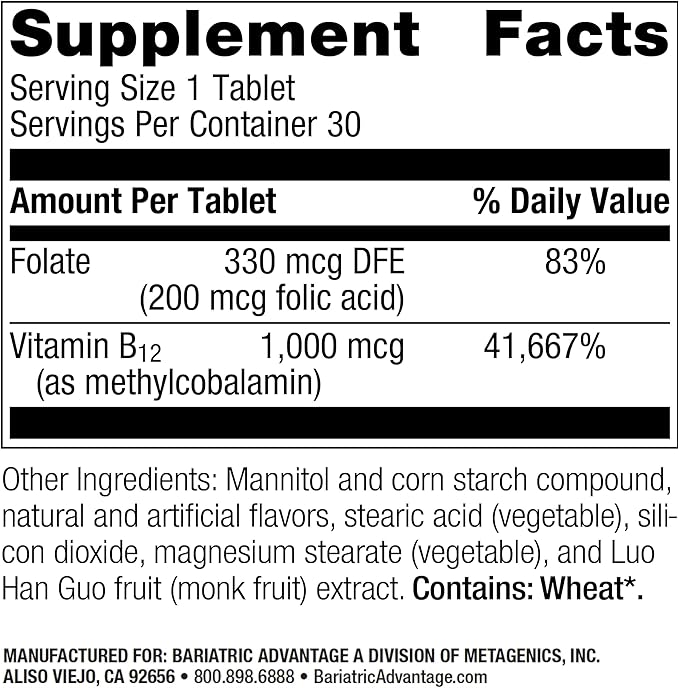 Bariatric Advantage B-12 Speedy Melts, Vitamin B12 1000 mcg Supplement, Fast Melting with 200 mcg of Folic Acid for Nutritional Support - Peppermint, 30 Count