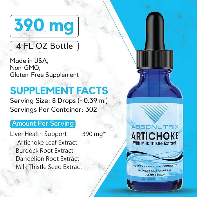 Absonutrix Artichoke with Milk Thistle Extract, 390 mg, 4 FL OZ Liquid, 302 Servings, Made in USA, Potent Plant-Based Ingredients, Burdock Root Extract, Dandelion Root Extract, Gluten-Free, Non-GMO
