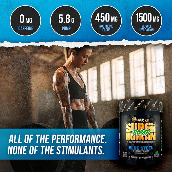 ALPHA LION Superhuman Pump Pre Workout Powder, Nootropic Caffeine & Stim Free Preworkout Supplement, Nitric Oxide Booster, Muscle Gainer, Energy & Focus (42 Servings, Blueberry Steel Flavor)