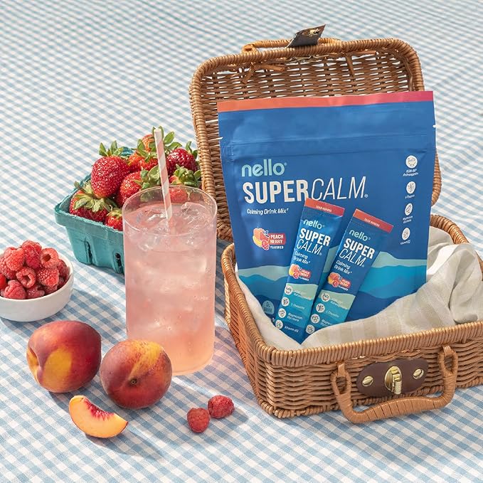 Supercalm Drink Mix - Ashwagandha KSM 66, Magnesium Glycinate & L-Theanine Supplement - Ashwagandha Root Extract - Focus and Relaxation Support (20 Travel Packets) - Peach Berry