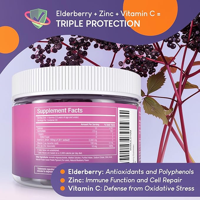 Sugar-Free Kids Elderberry Gummies with Vitamin C & Zinc - Daily Children Elderberry Immune Support Gummies Supplement for Respiratory Health, Sambucus Elderberry Antioxidant Gummies, Vegan (60 Ct)