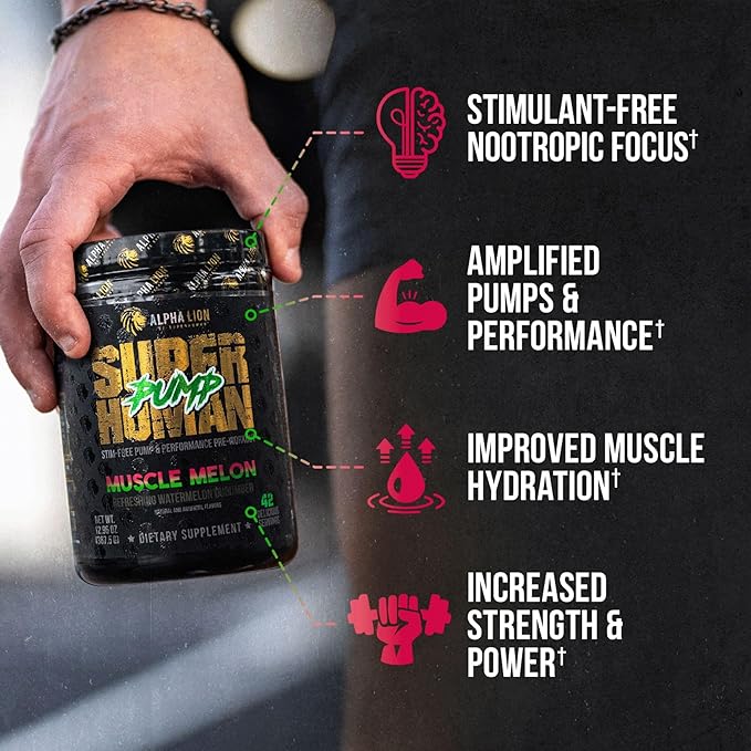 ALPHA LION Superhuman Pump Pre Workout Powder, Caffeine Free & Stim Free Preworkout Supplement, Nitric Oxide Booster, Muscle Gainer, Energy & Focus (42 Servings, Muscle Melon Flavor)