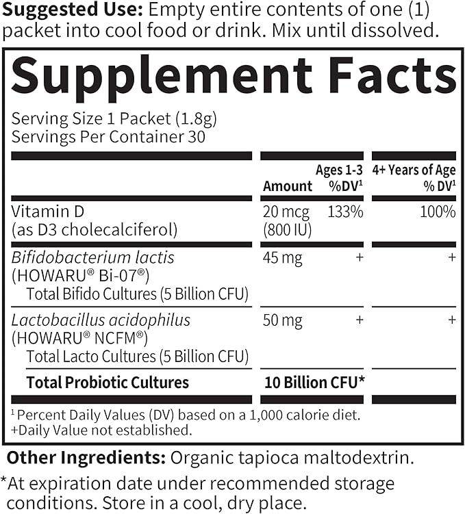 Garden of Life Dr. Formulated Kids' 10 Billion CFU Probiotic Stick Pack with D3 – Supports Bones, Teeth & Immune Function, Unflavored Powder, 30ct Carton