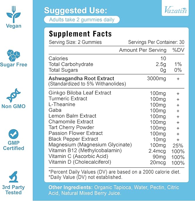 Ashwagandha Gummies with Turmeric GABA Mood Energy and Immune Support, Mixed Berry Flavor 60 Cts