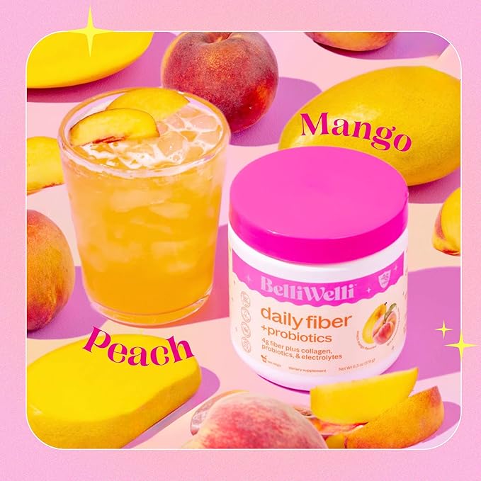 BelliWelli Fiber Supplement for Women & Men – Premium Daily Fiber Powder from Organic Acacia with Added Collagen, Electrolytes & Probiotics – No Bloat, Constipation & Gut Health Support (Peach Mango)