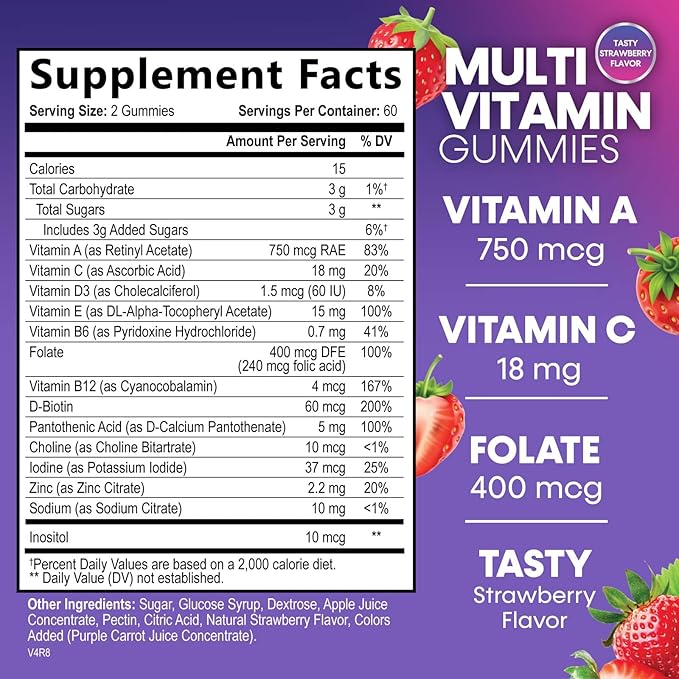 Multivitamin Gummies for Adults with 13 Vitamins and Minerals, Daily Gummy Vitamin for Women & Men, Immune Health Support Supplement with Vitamins A, C, D, E, B-6, B-12, Zinc, Berry - 120 Gummies