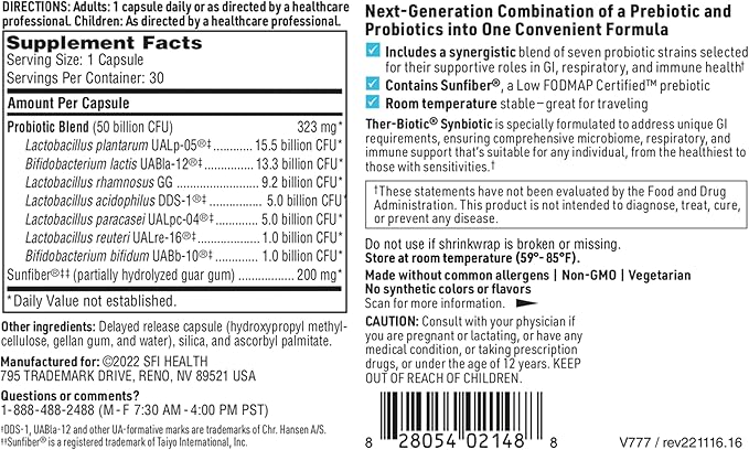Klaire Labs SFI Health Ther-Biotic Synbiotic Prebiotics & Probiotics for Women & Men - Daily Probiotic with Low FODMAP Prebiotic - Gut, Immune, Respiratory & Digestive Health Support (30 Capsules)