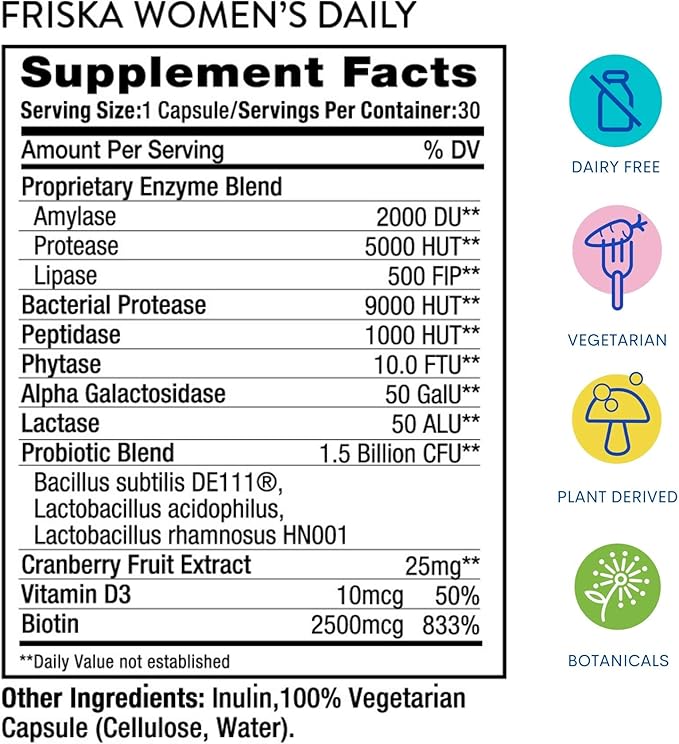 FRISKA Women’s Daily Digestive Enzyme and Probiotics Supplement, Advanced Natural Support for Female Digestive Health, Fights Bloating, Eases Digestion, Supports Nutrient Absorption, 30 Capsules