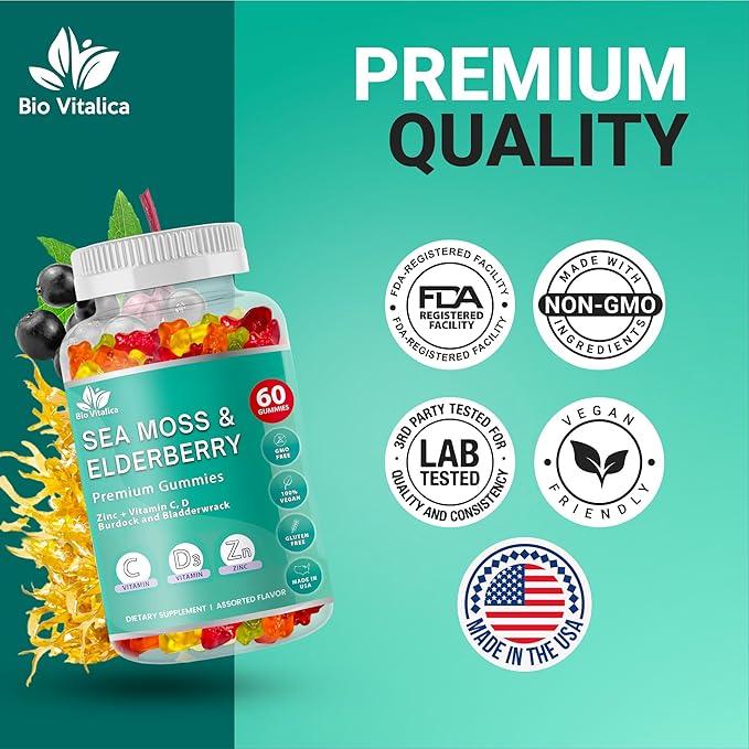 BIO VITALICA Sea Moss Gummies Elderberry BioVitalica - Vitamin C D + Zinc - Irish Seamoss Vegan Gummy with Sea Moss Gel & Powder for Immunity, Detox - for Adults and Kids