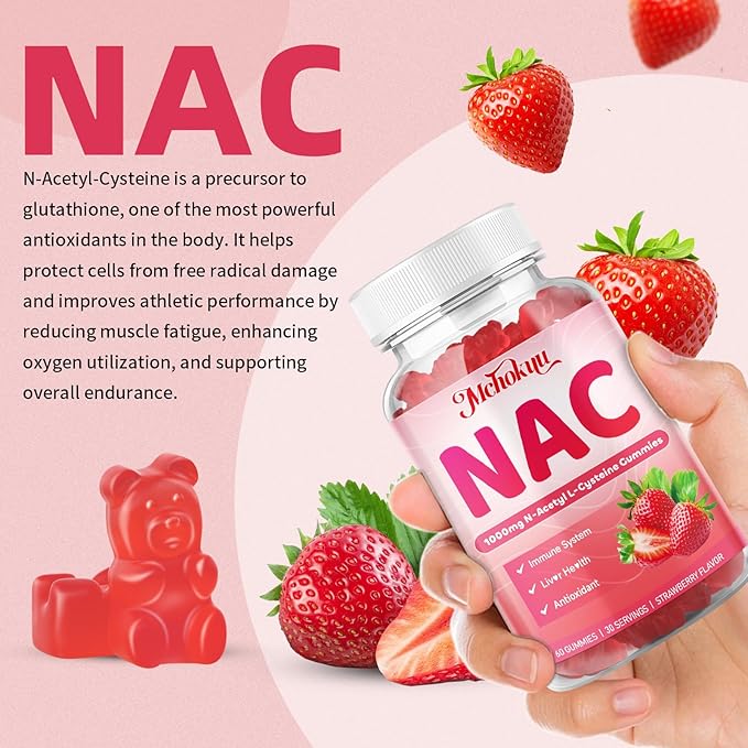 NAC Gummies 1000mg, N-Acetyl Cysteine Supplement for Adults & Kids Immune Support Liver Detox & Lung Health Antioxidant Supplement, Sugar-Free, Vegan, Strawberry Flavor, 120 Gummies